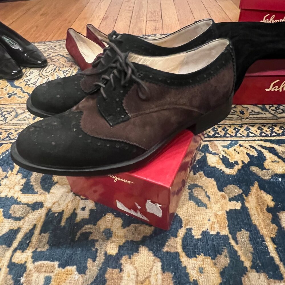 Almafi by Rangoni Blk and Brn Suede Brogue Sneaker Made in Italy Sz 6.5